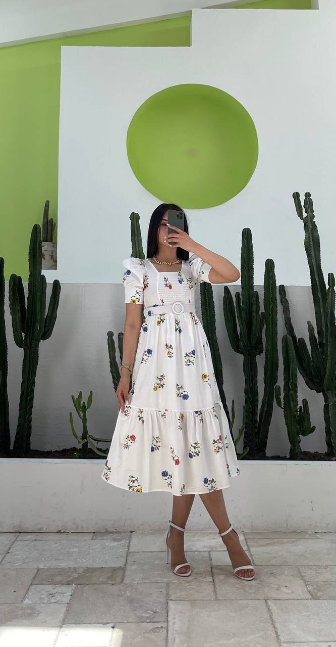 3007-ÇİÇEK DESEN KEMERLİ ELBİSE