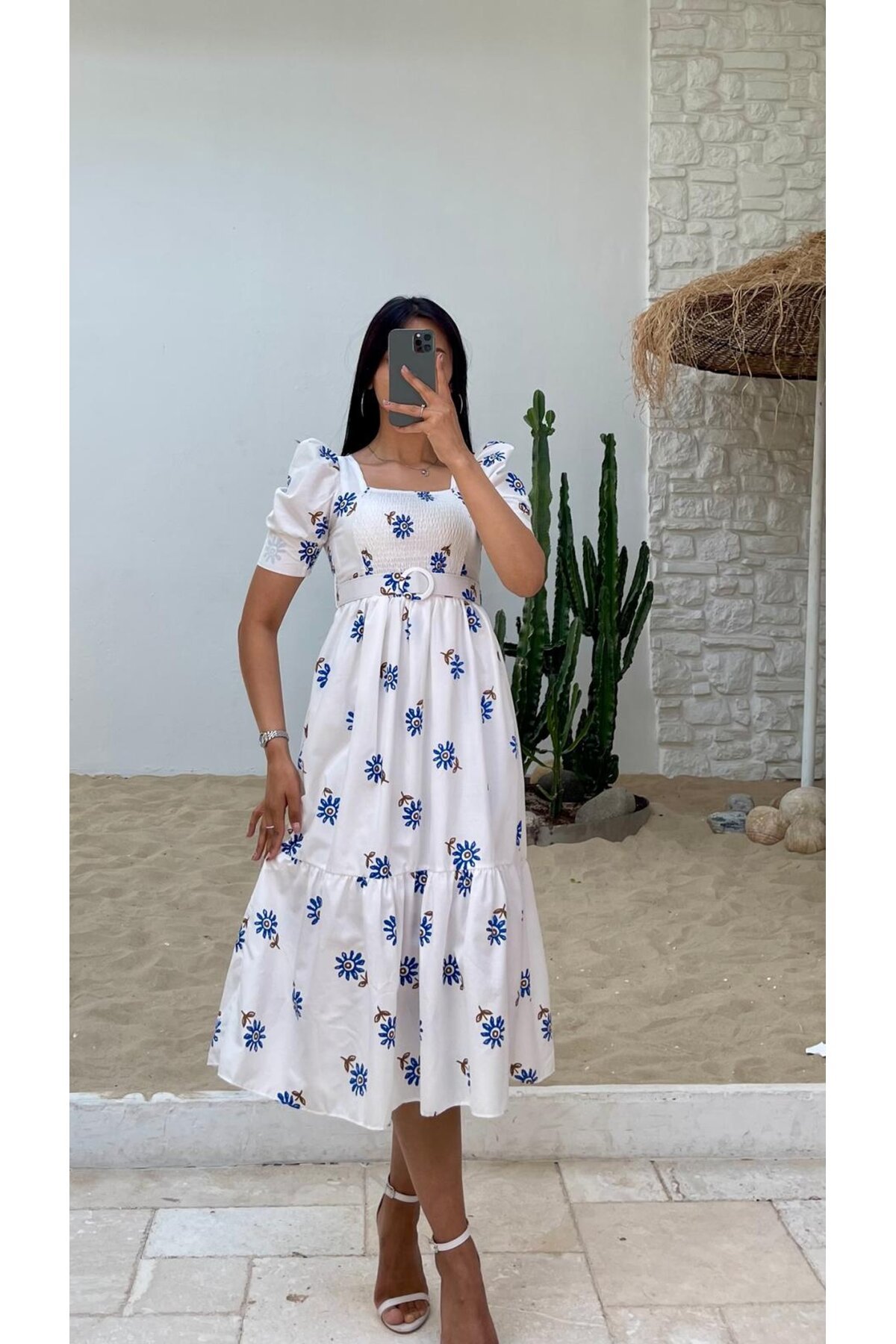 3007-ÇİÇEK DESEN KEMERLİ ELBİSE
