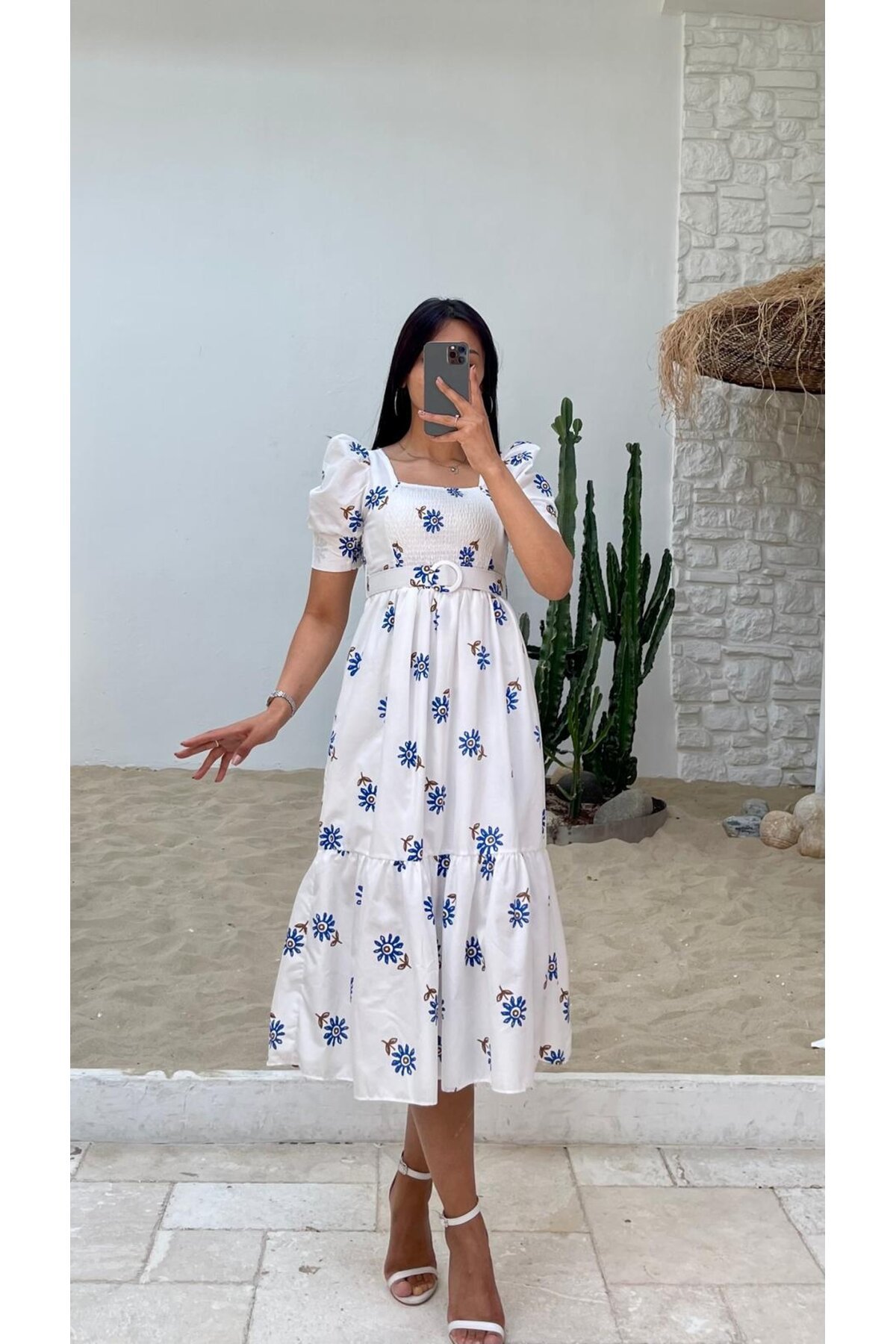 3007-ÇİÇEK DESEN KEMERLİ ELBİSE
