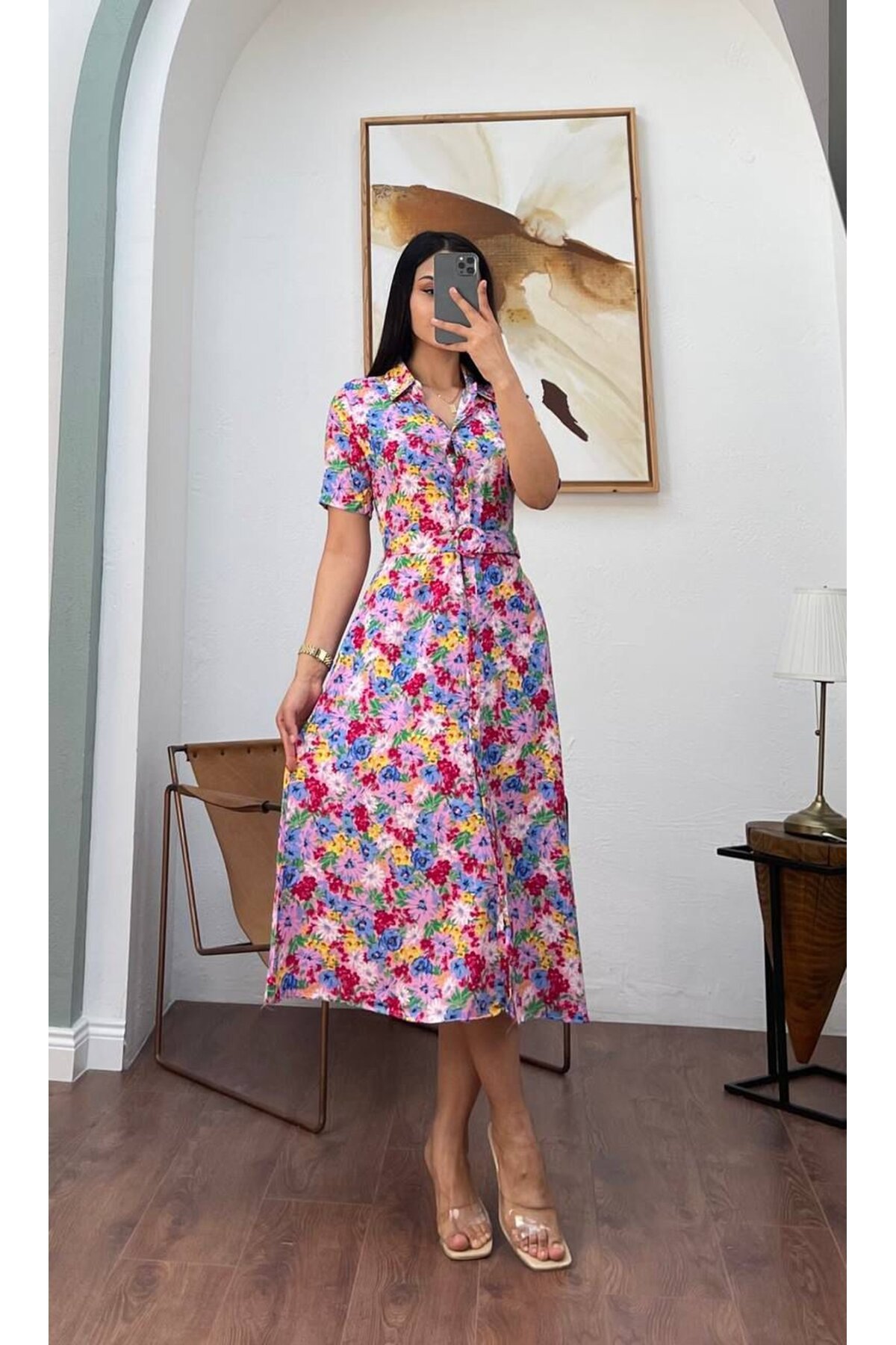 3008-PEMBE KISA KOL GÖMLEK ELBİSE