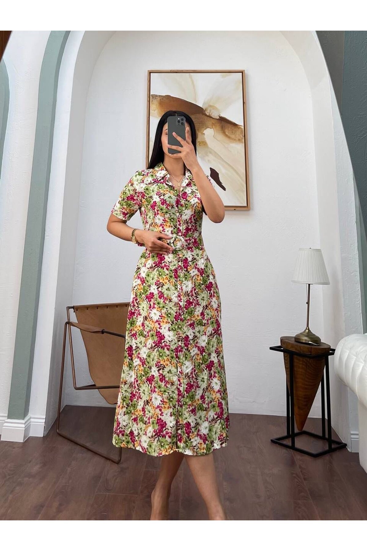 3008-YEŞİL KISA KOL GÖMLEK ELBİSE