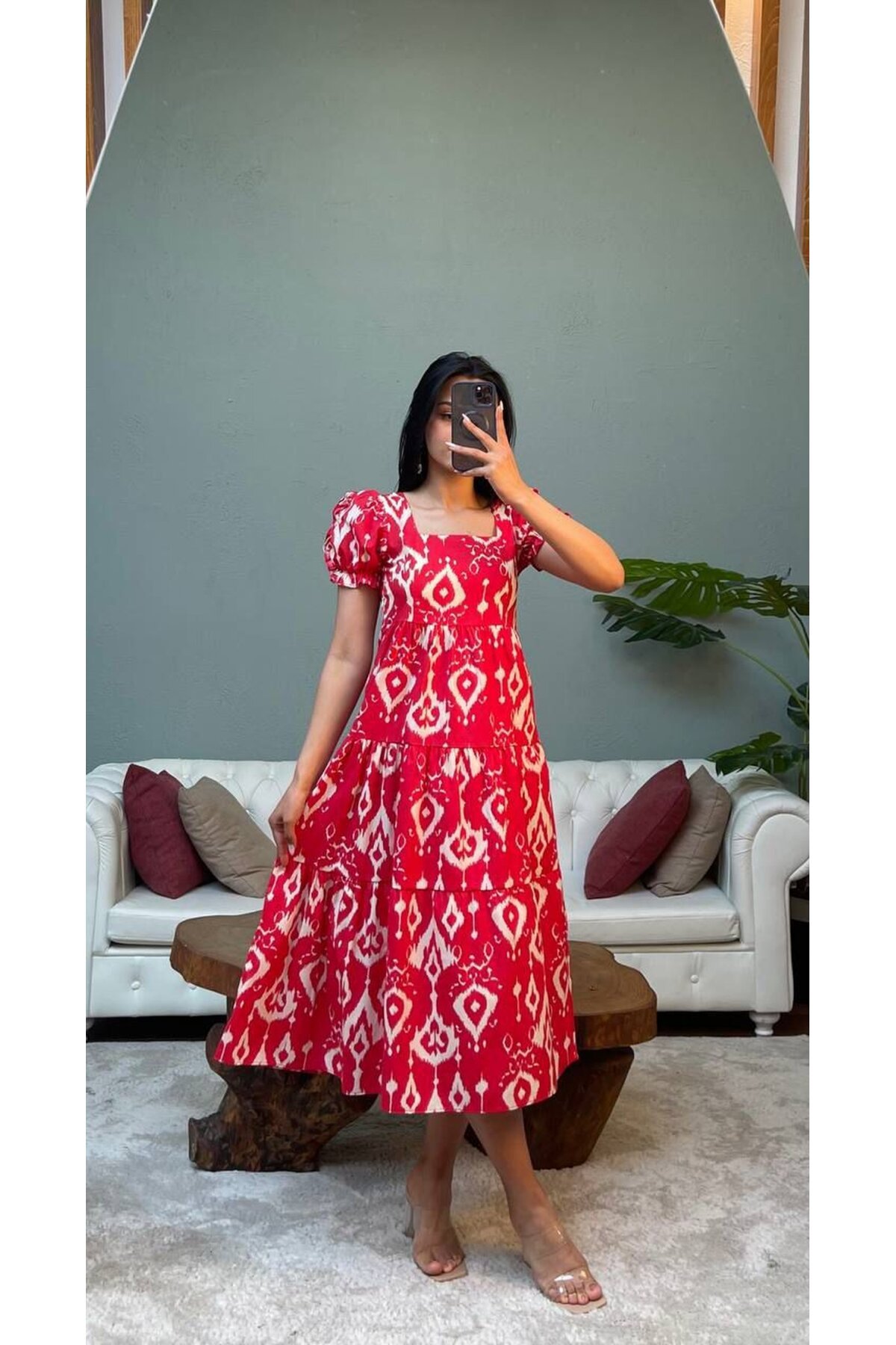 3018-KIRMIZI KOLLARI BÜZGÜLÜ POPLİN ELBİSE