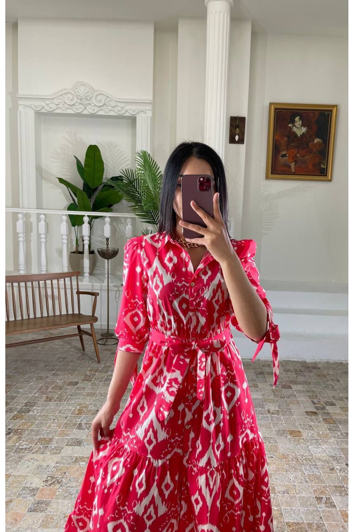 3026-KIRMIZI GÖMLEK YAKA KOL BÜZGÜ KISA KOL ELBİSE