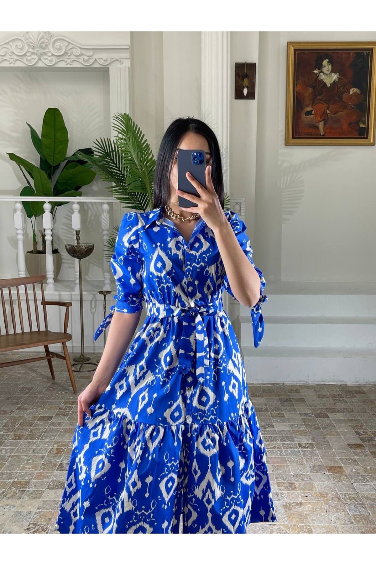 3026-SAKS GÖMLEK YAKA KOL BÜZGÜ KISA KOL ELBİSE