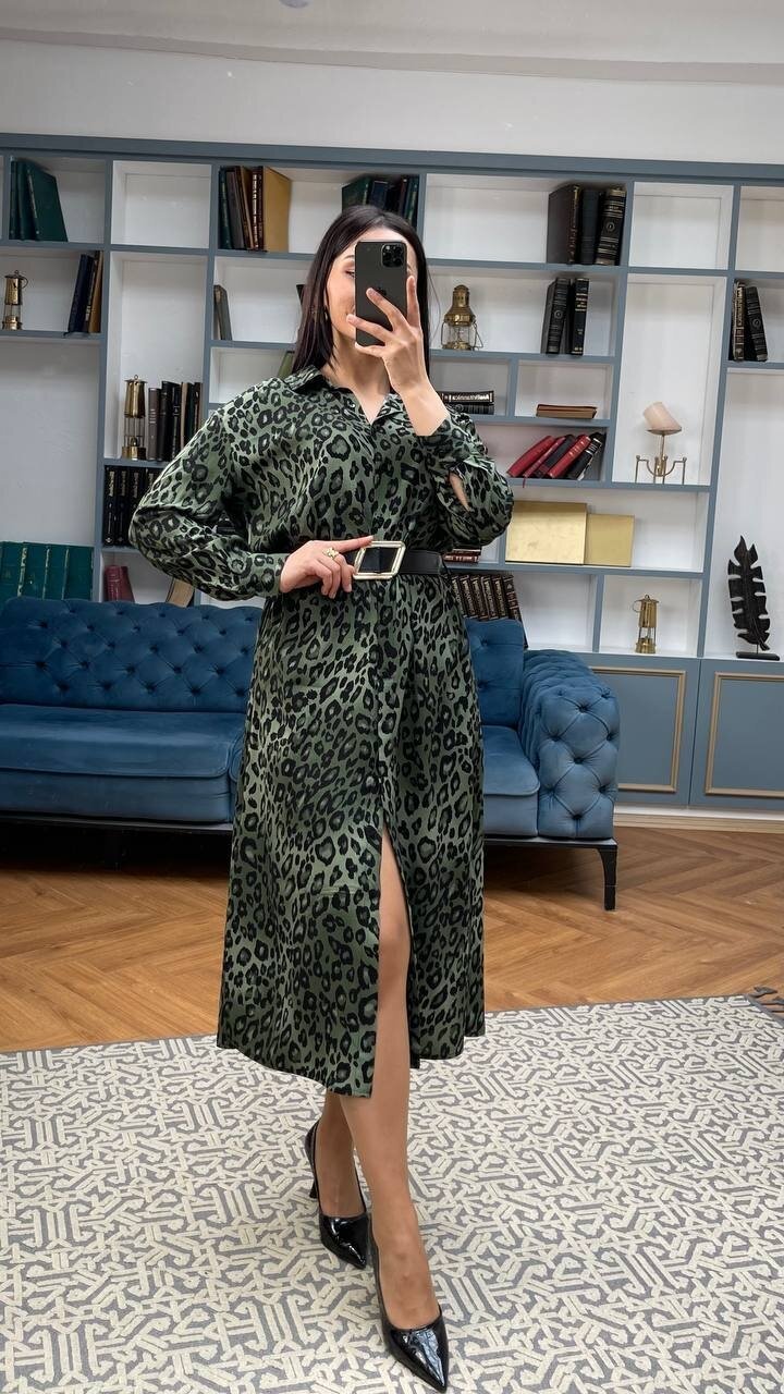 3034-LEOPAR YEŞİL GÖMLEK ELBİSE