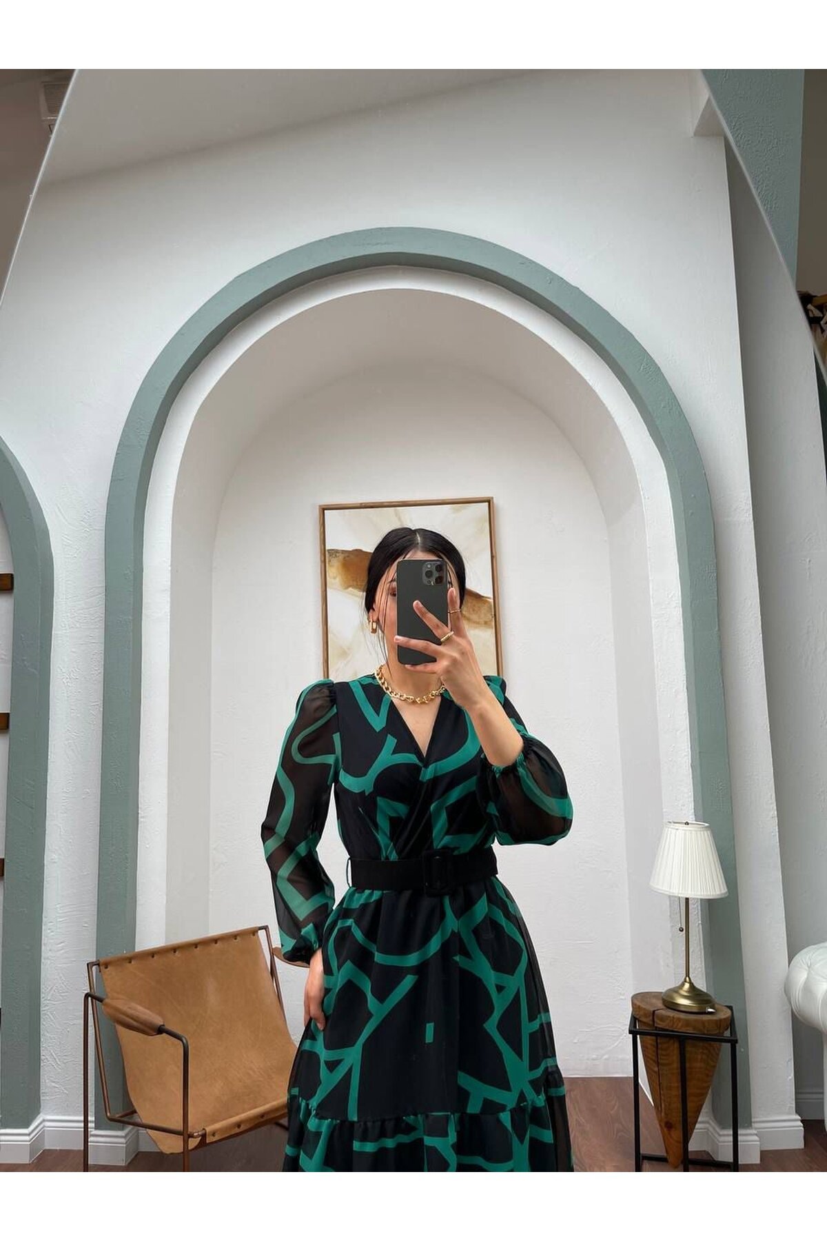 3048-SİYAH ŞİFON KRUVAZE YAKA ELBİSE