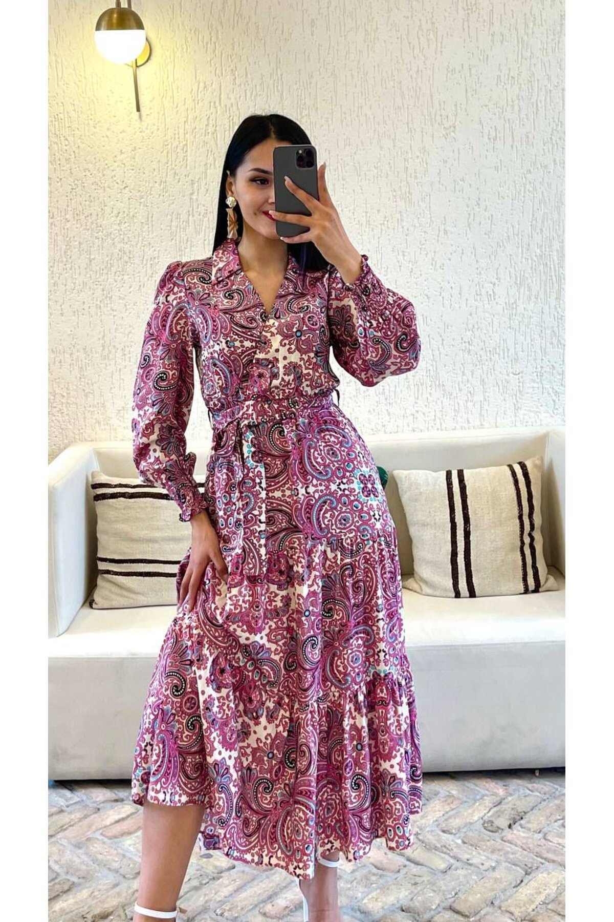 3052-MOR DESENLİ VİSKON UZUN GİPELİ ELBİSE