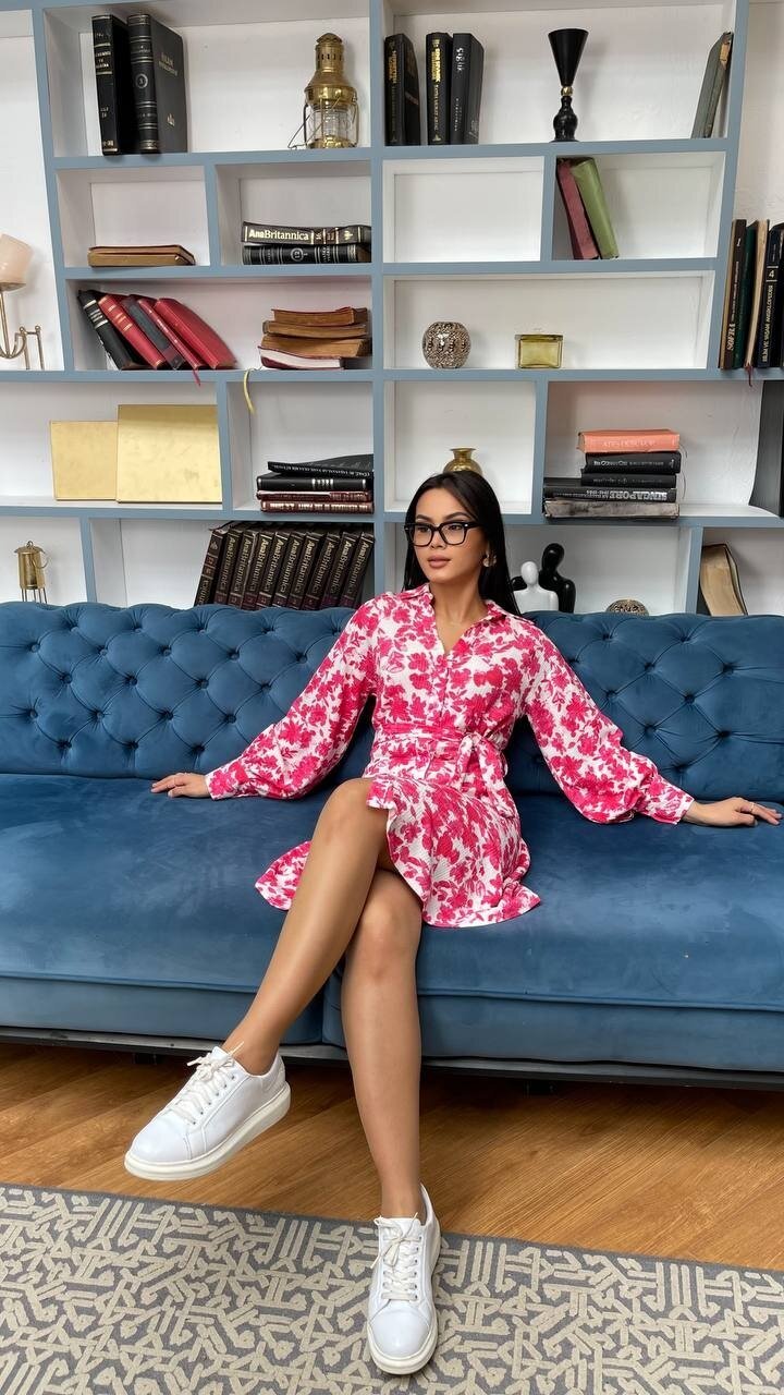 3057-PEMBE ÇİÇEKLİ KISA GÖMLEK EBİSE