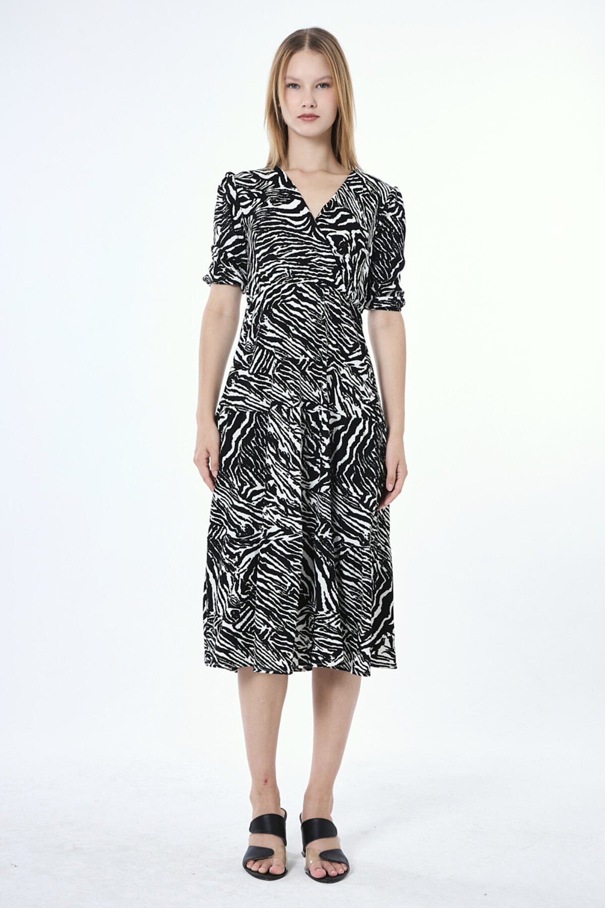 3058-SİYAH ZEBRA DESENLİ ELBİSE