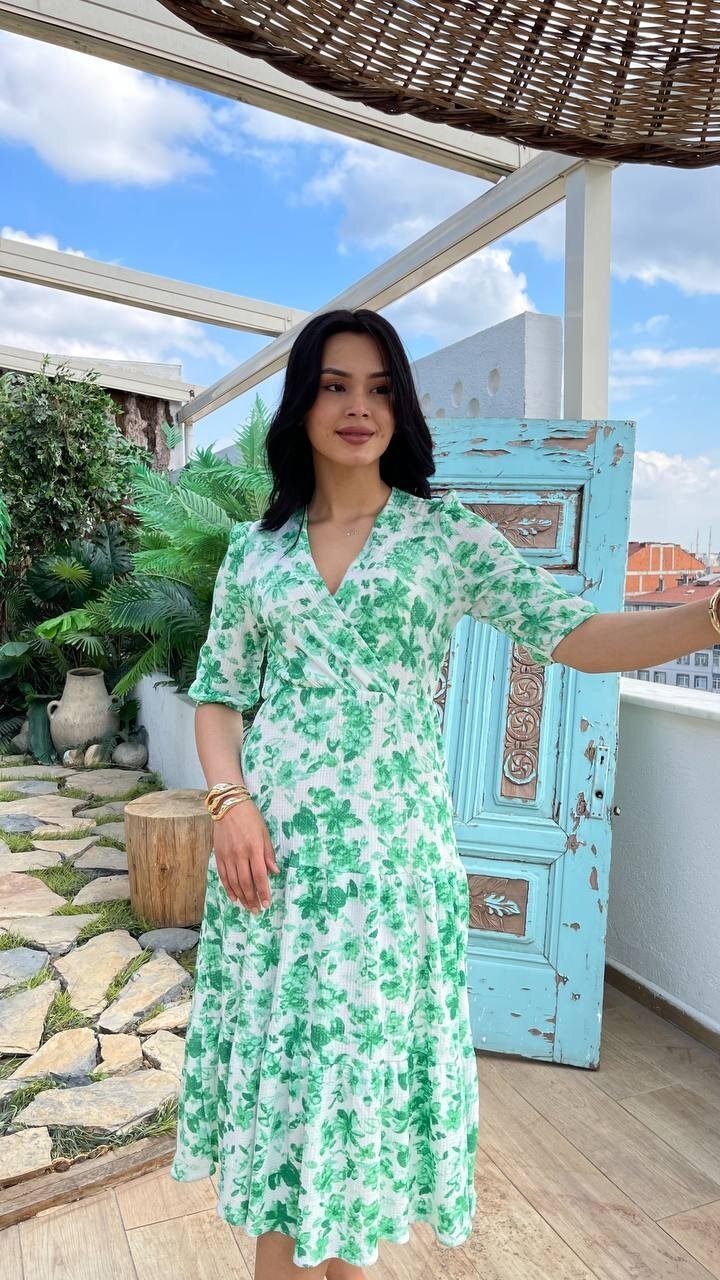 3058-YEŞİL ÇİÇEKLİ ELBİSE