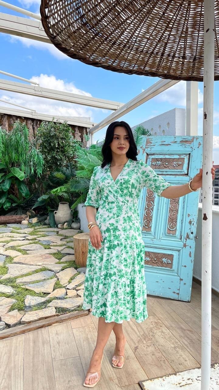 3058-YEŞİL ÇİÇEKLİ ELBİSE