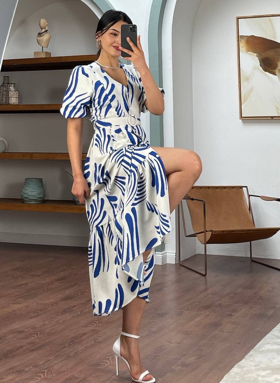 3061-MAVİ ÇİZGİLİ KEMERLİ ELBİSE