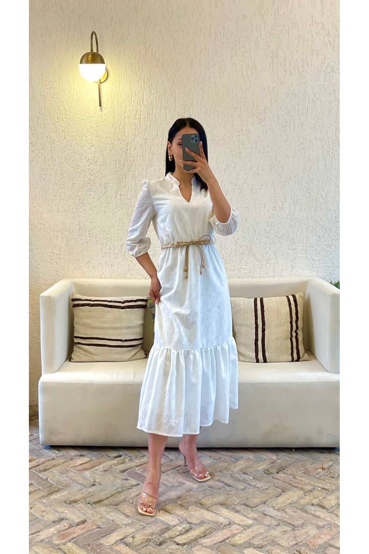 3062-BEYAZ HAKİM YAKA BRODE KUMAŞ UZUN ELBİSE