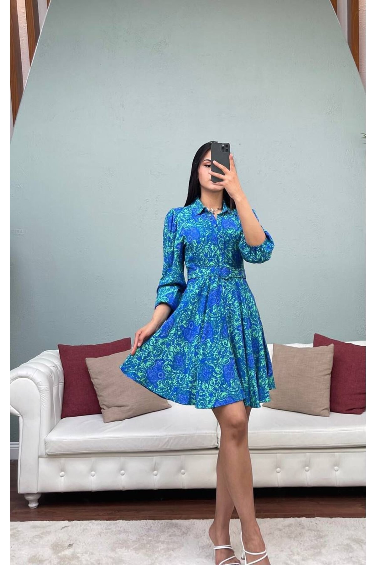 3065-YEŞİL VOLANLI KISA VİSKON ELBİSE