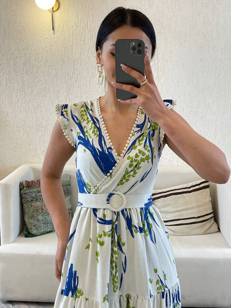 3073-MAVİ YAPRAK DESEN KEMERLİ ELBİSE