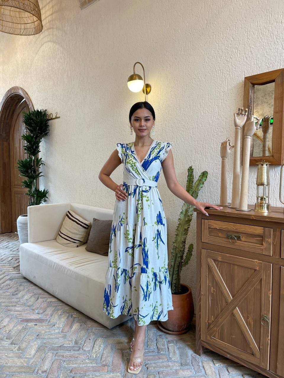 3073-MAVİ YAPRAK DESEN KEMERLİ ELBİSE