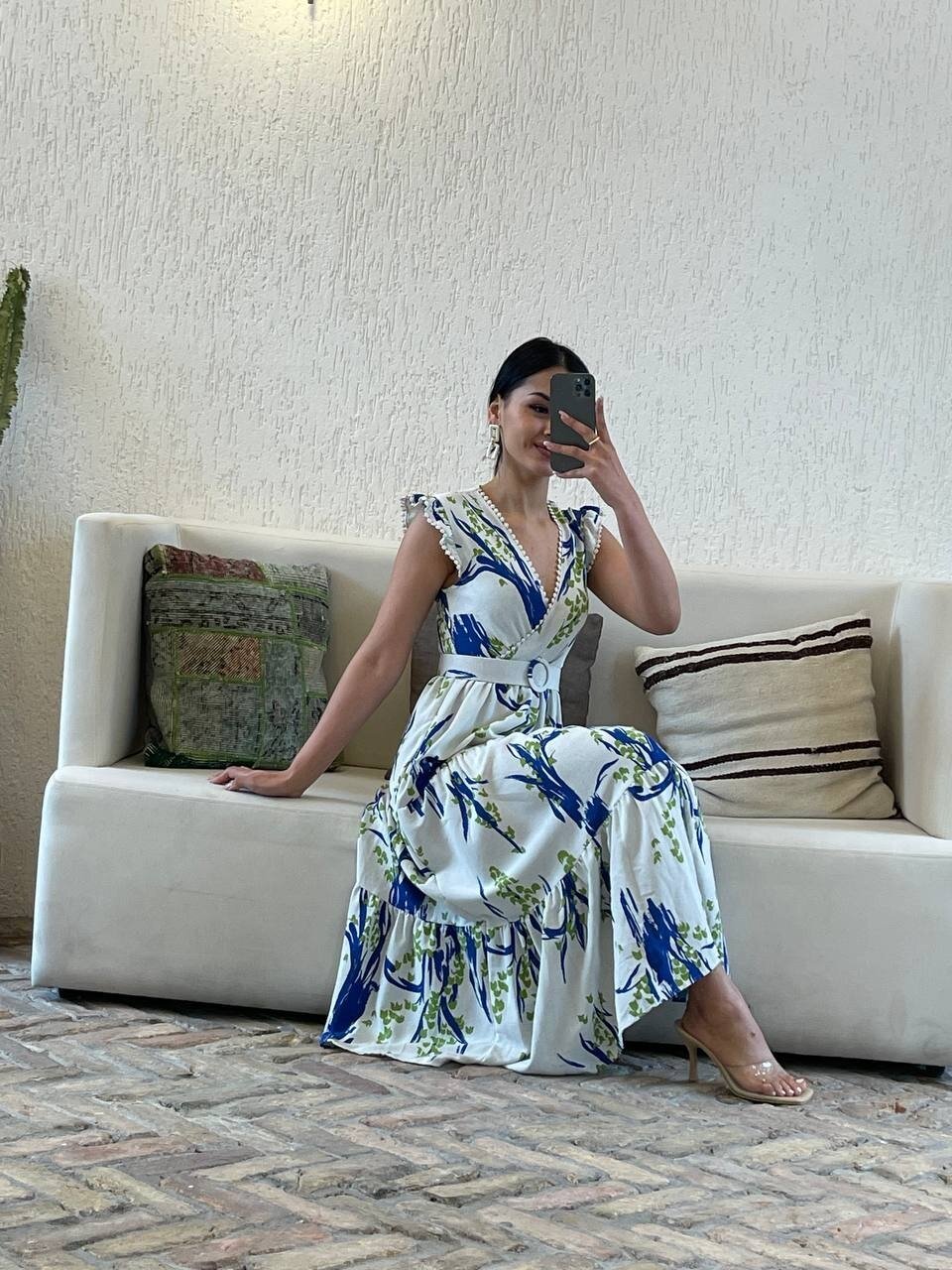 3073-MAVİ YAPRAK DESEN KEMERLİ ELBİSE