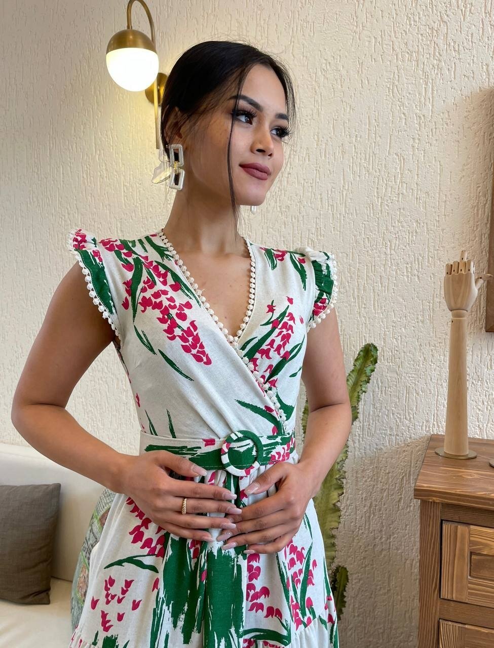 3073-YEŞİL YAPRAK DESEN KEMERLİ ELBİSE