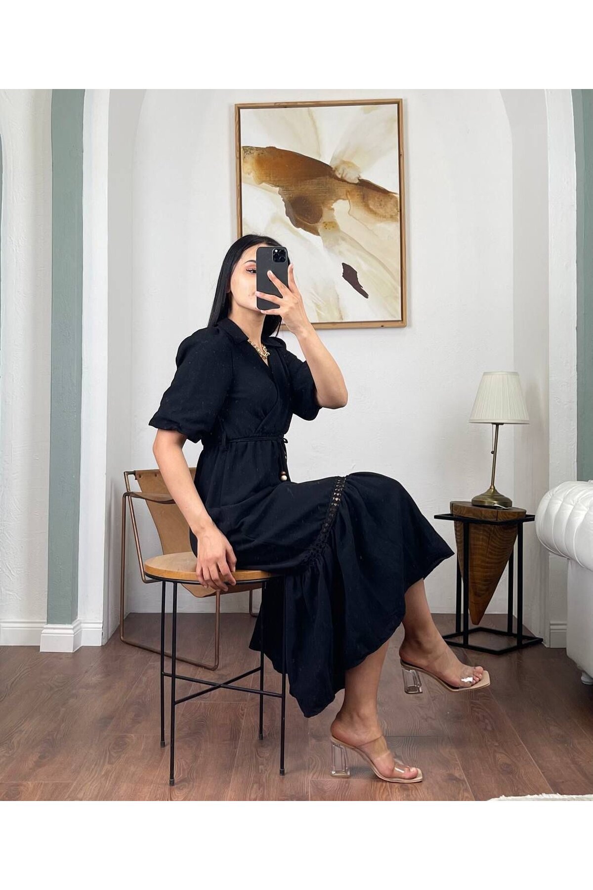 3079-SİYAH DÜZ KETEN ALT DANTEL DETAYLI ELBİSE