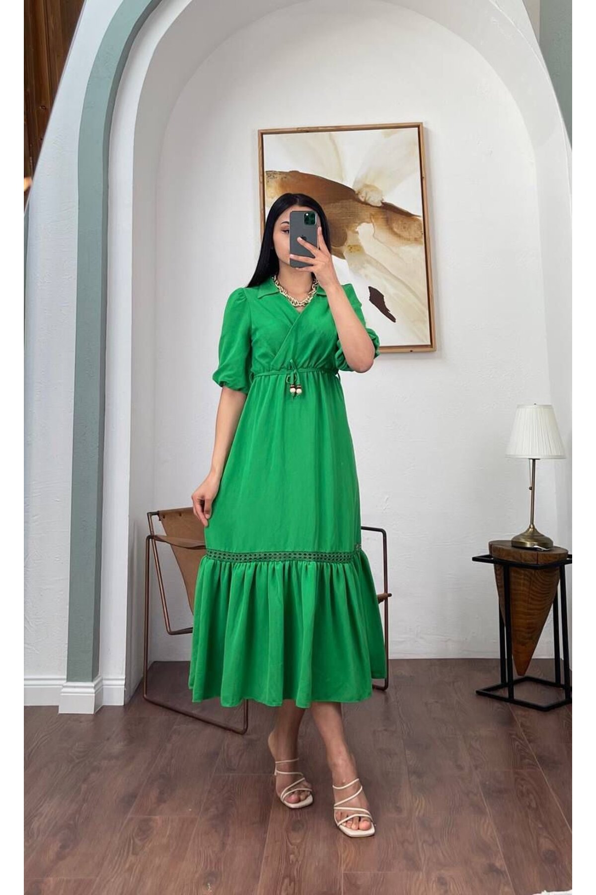 3079-YEŞİL DÜZ KETEN ALT DANTEL DETAYLI ELBİSE