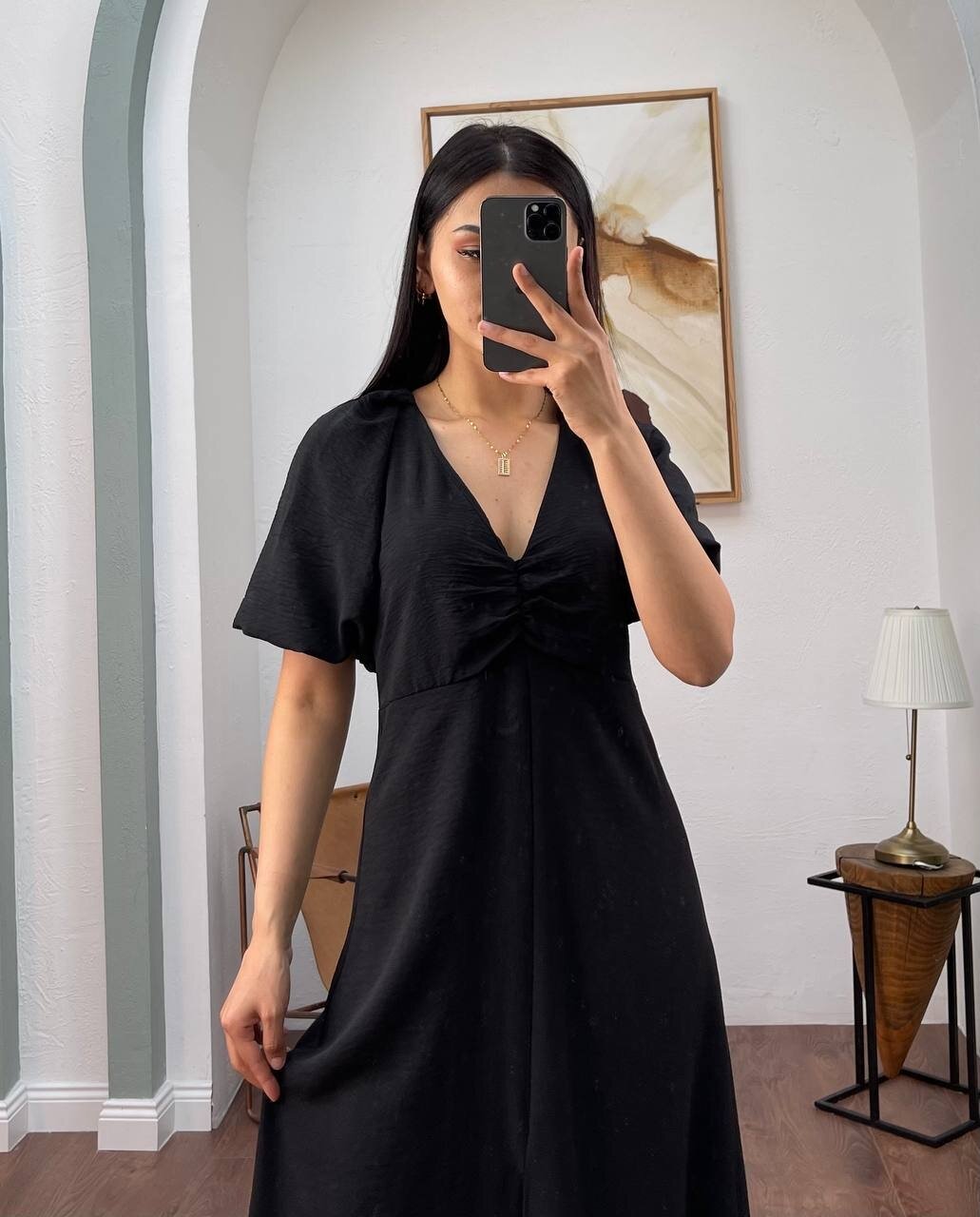 3084-SİYAH V YAKA DÜZ ELBİSE
