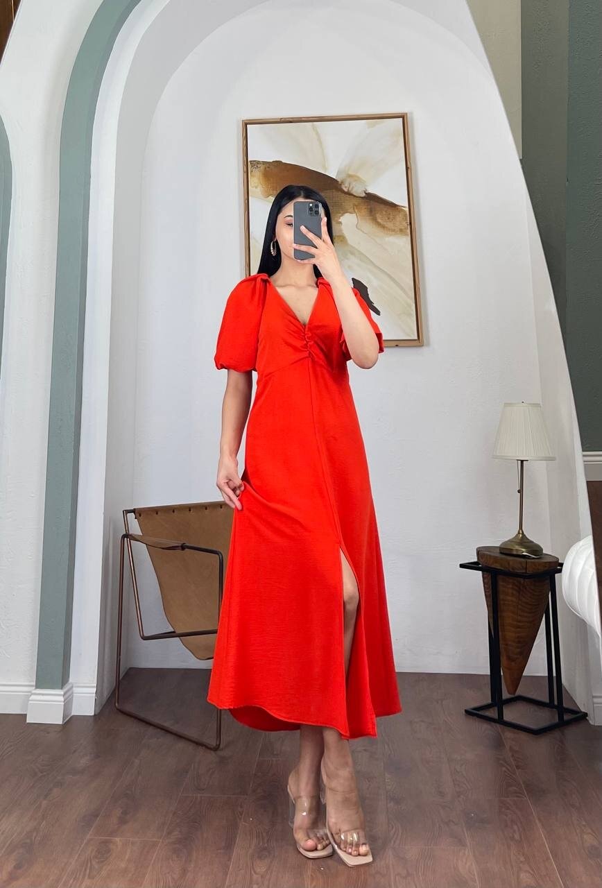 3084-TURUNCU V YAKA DÜZ ELBİSE