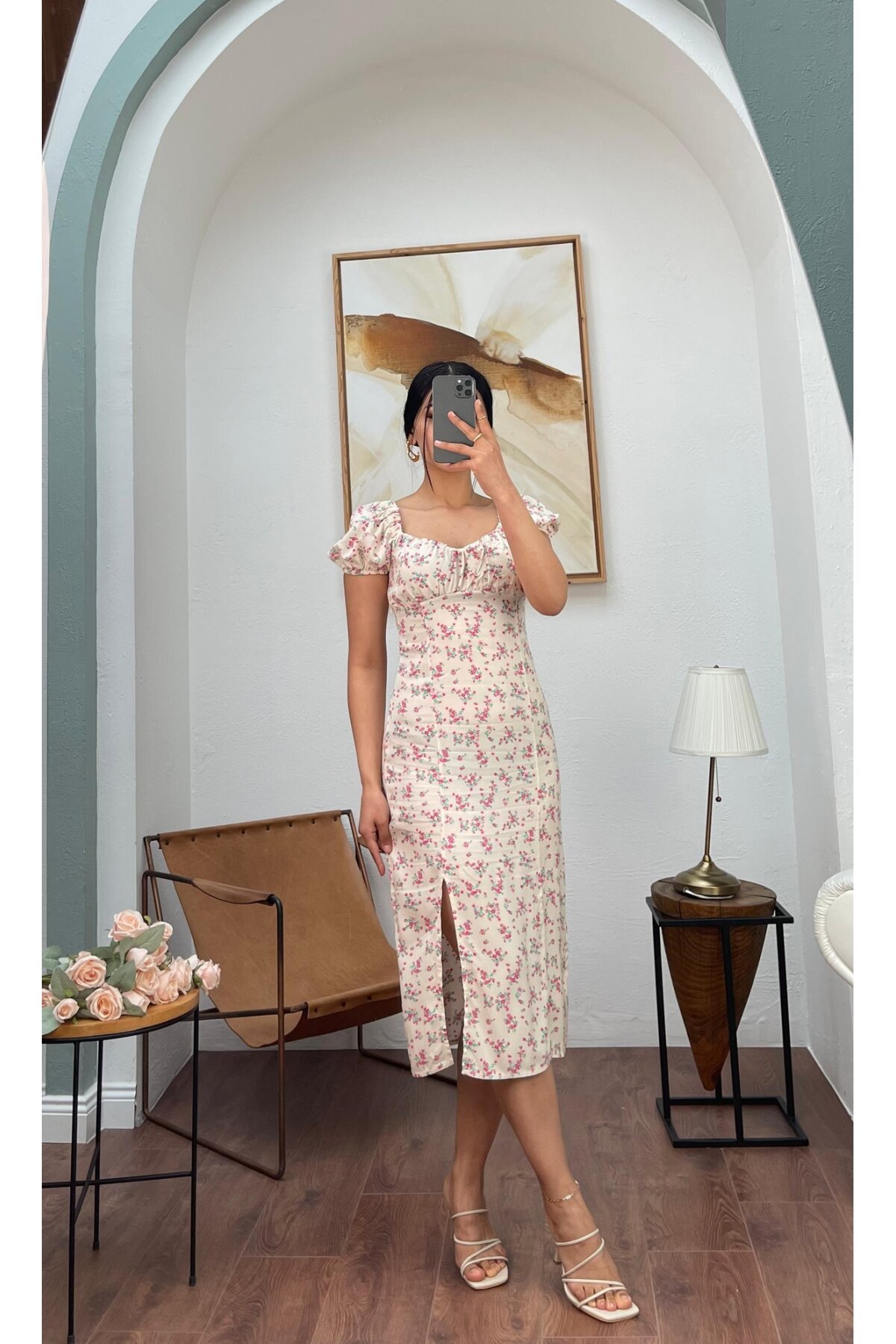 3092-BEJ ÇITIR DESEN UZUN VİSKON ELBİSE