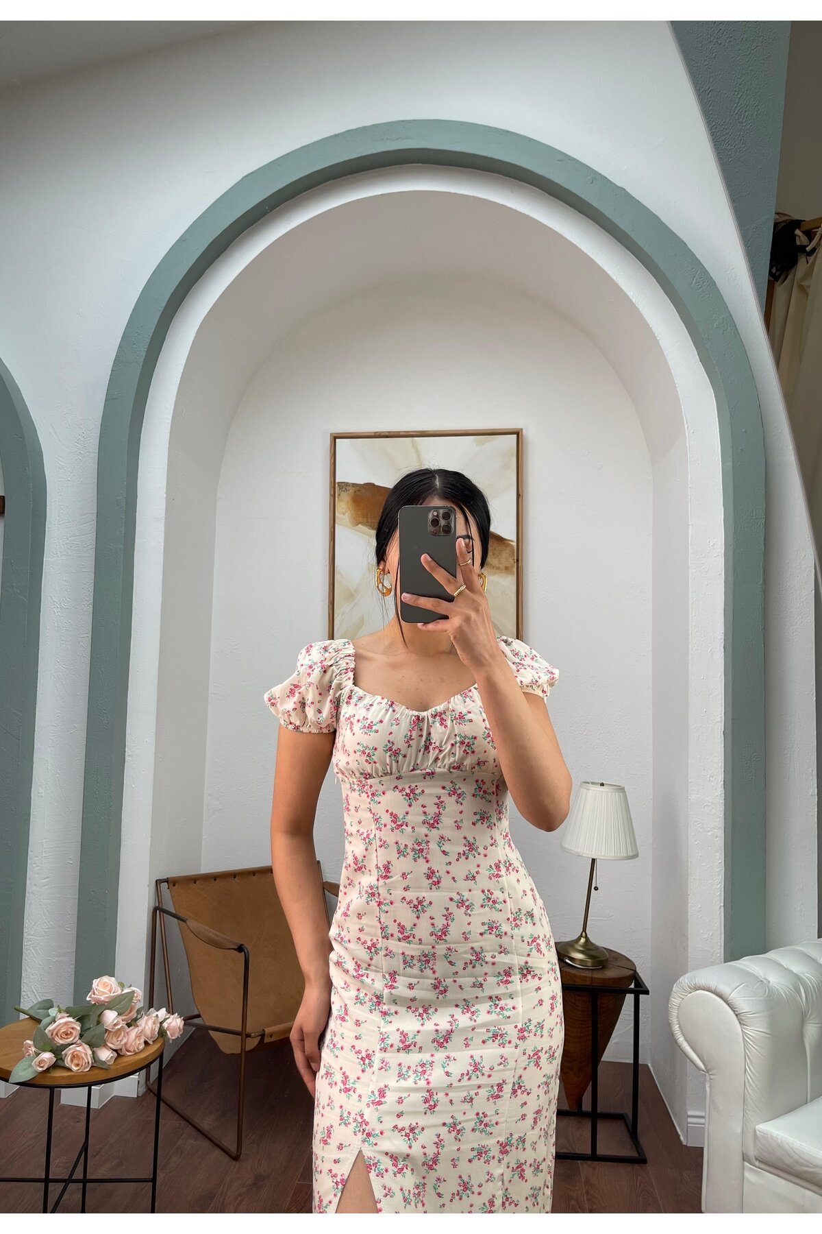 3092-BEJ ÇITIR DESEN UZUN VİSKON ELBİSE