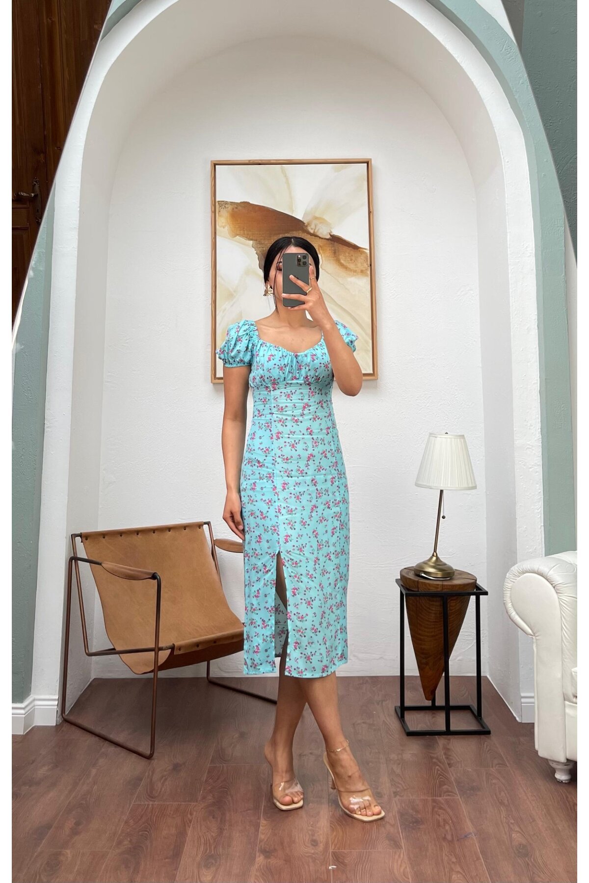 3092-MAVİ ÇITIR DESEN UZUN VİSKON ELBİSE