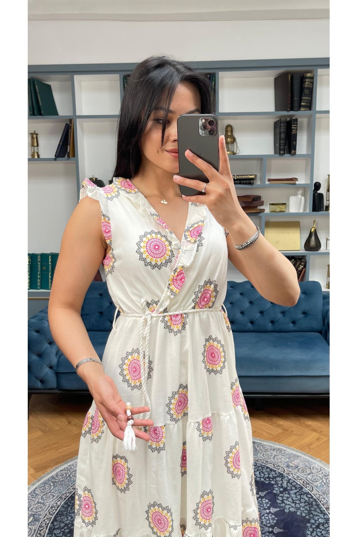 3098-FUŞYA SIFIR KOL KRİNKIL ÇİÇEK DESEN ELBİSE