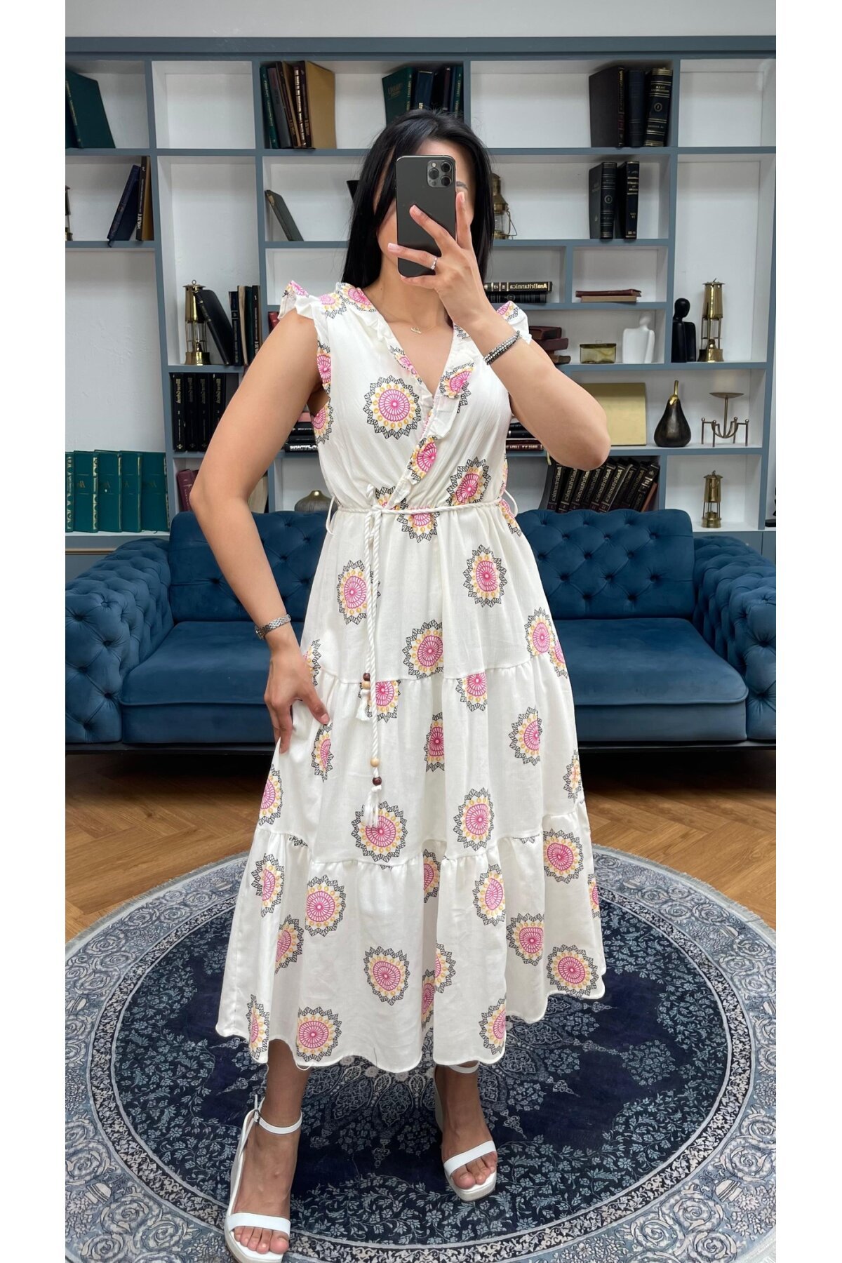 3098-FUŞYA SIFIR KOL KRİNKIL ÇİÇEK DESEN ELBİSE