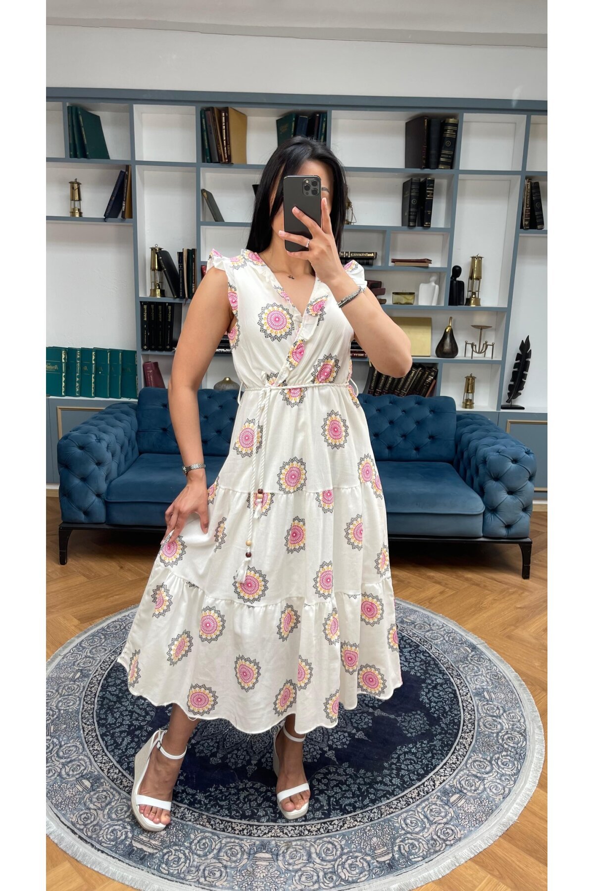 3098-FUŞYA SIFIR KOL KRİNKIL ÇİÇEK DESEN ELBİSE