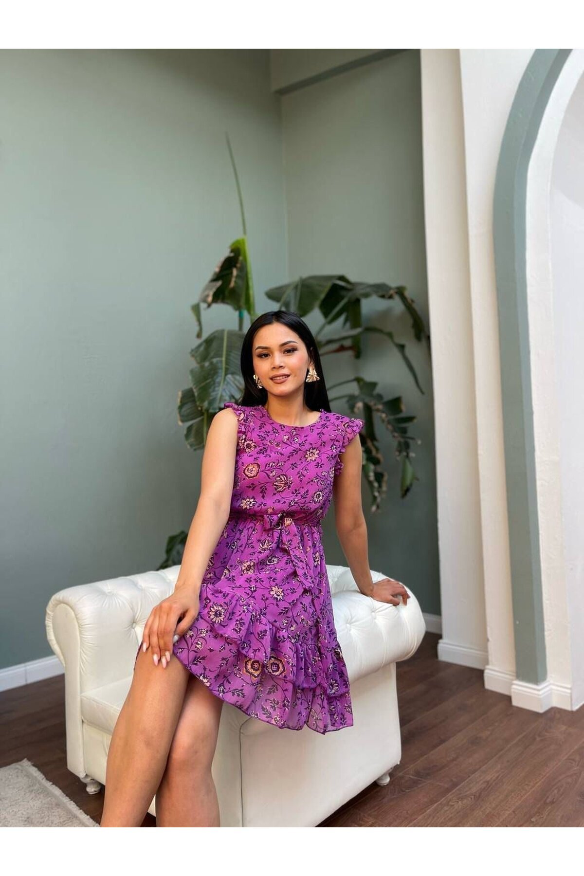 3131-MOR YORYO ŞİFON SIFIR KOL KISA ELBİSE