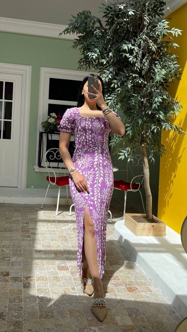 3142-LİLA FULL GİPELİ YANDAN YIRTMAÇLI ELBİSE