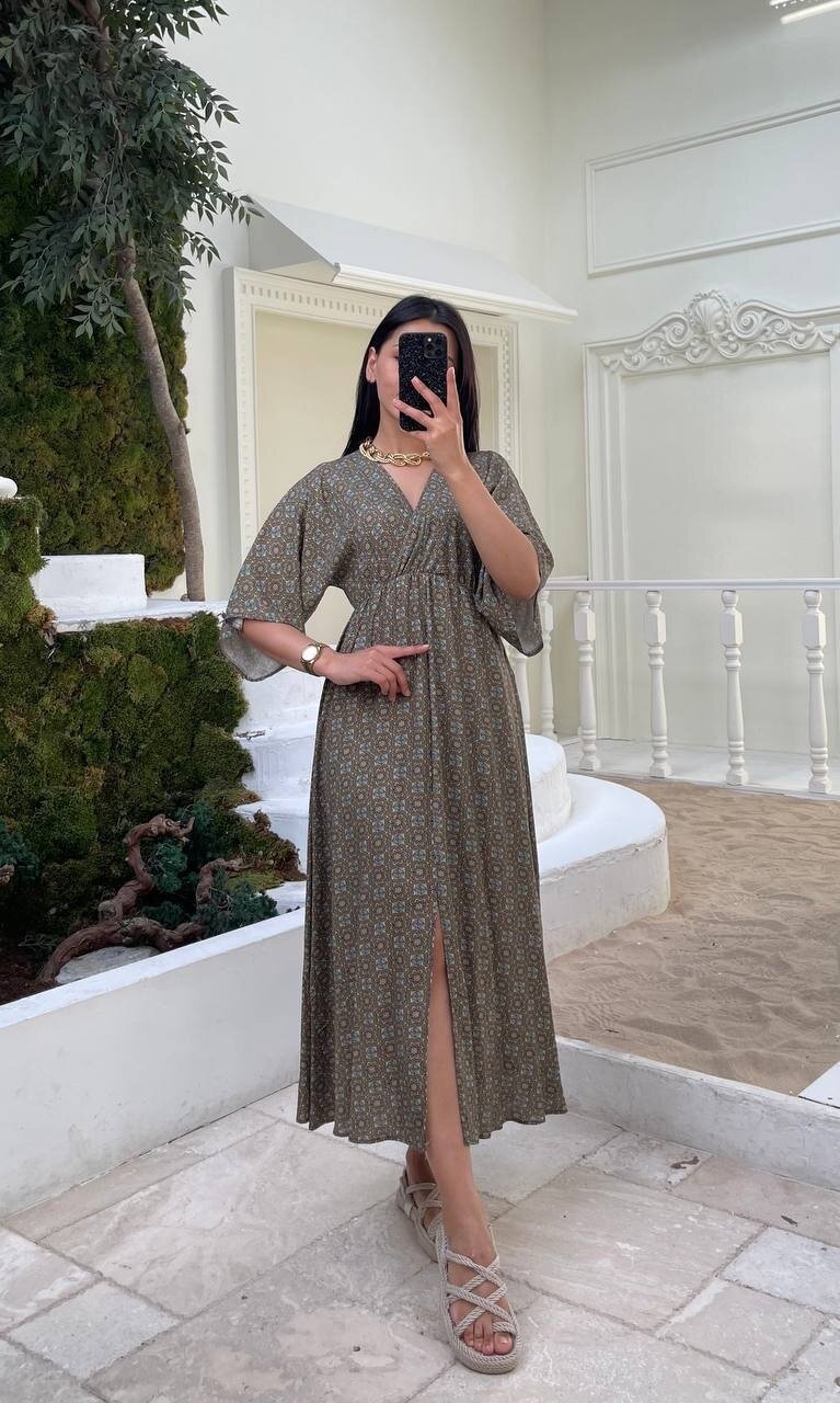 3154-HAKİ ÇITIR DESEN ELBİSE