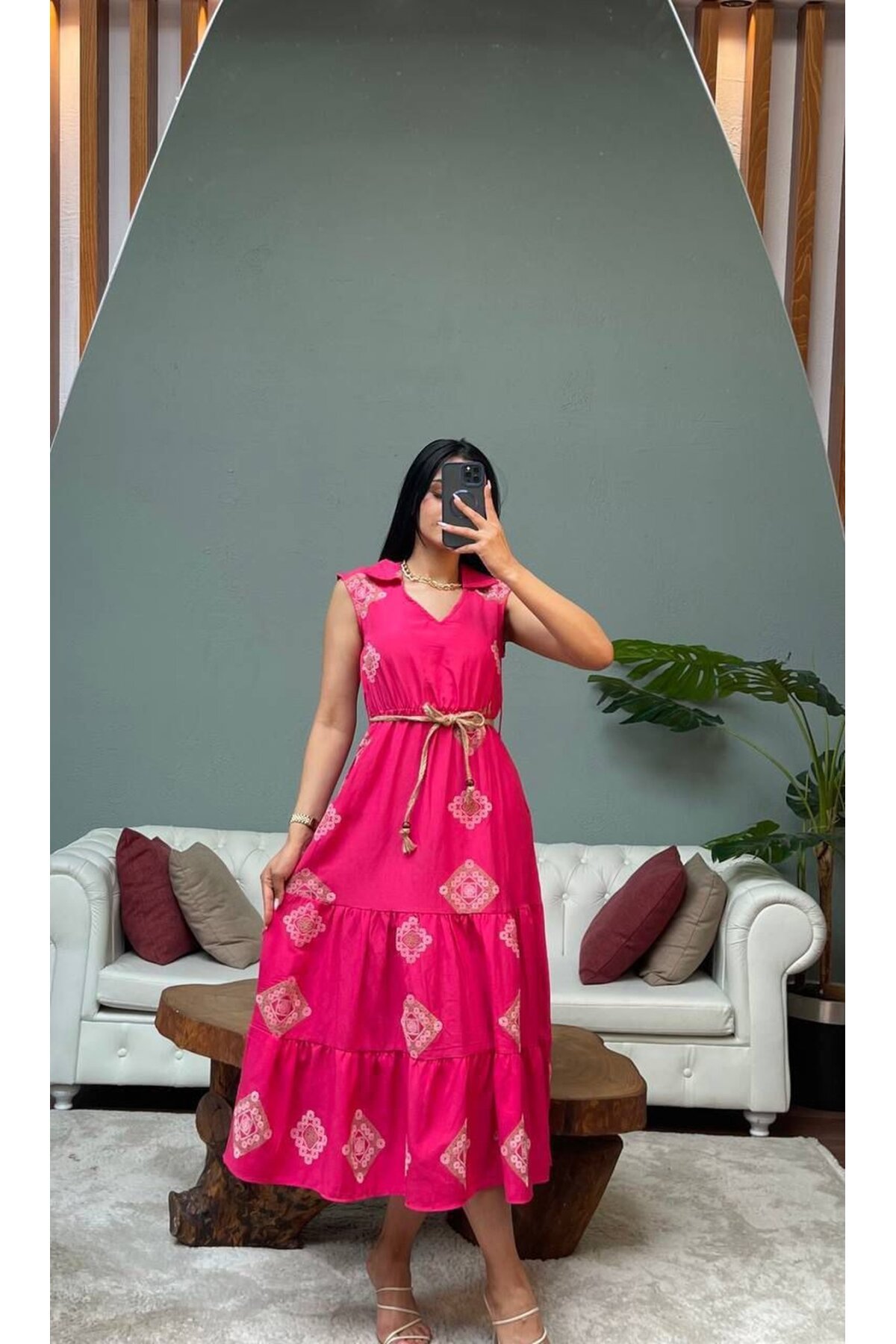 3159-PEMBE KETEN PUF DESENLİ BRODELİ ELBİSE