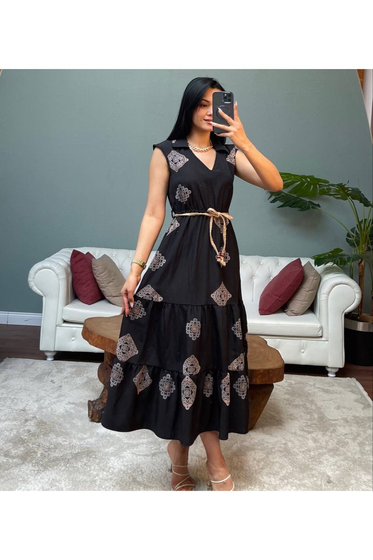 3159-SİYAH KETEN PUF DESENLİ BRODELİ ELBİSE