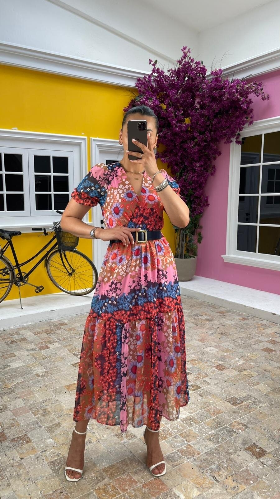 3224-ÇİÇEKL KEMERLİ ŞİFON ELBİSE