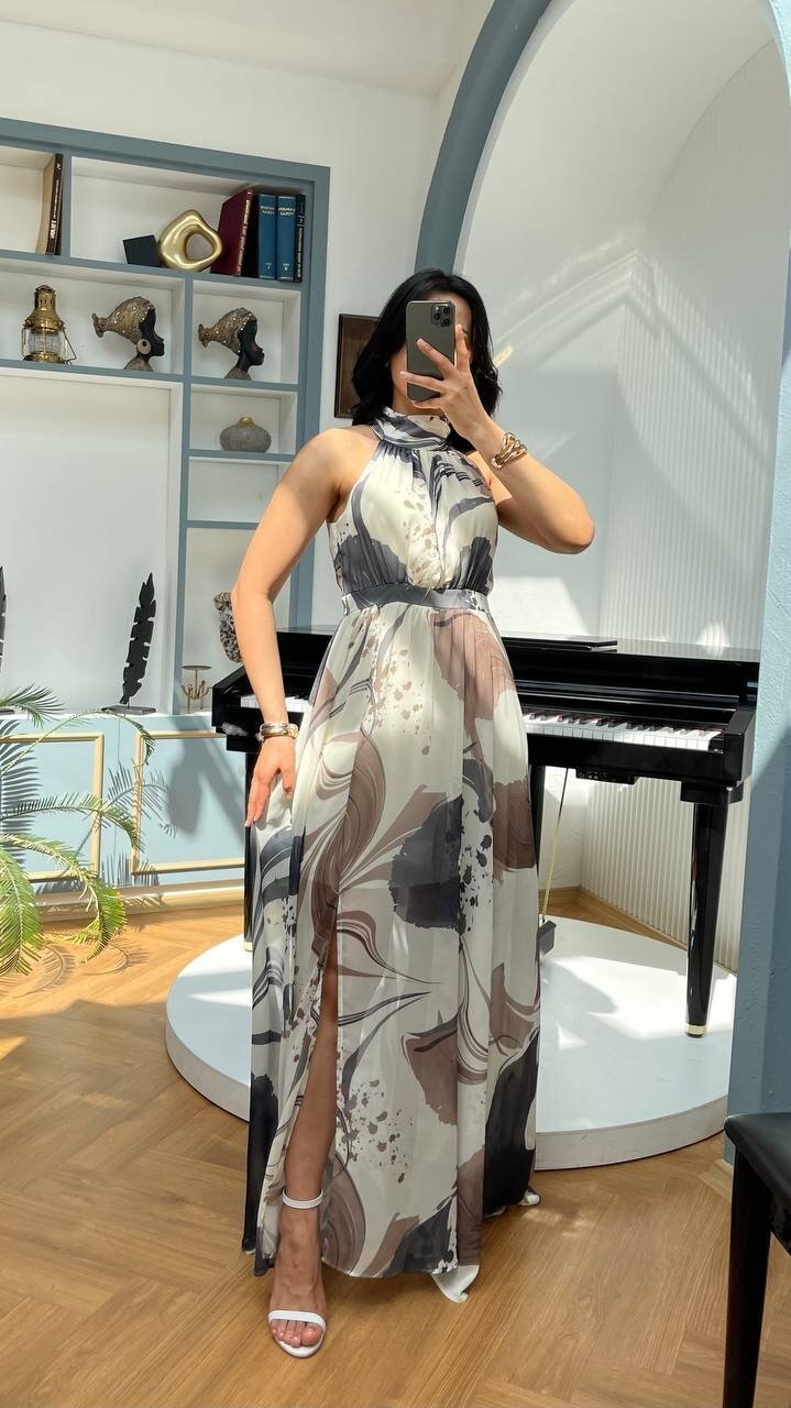 3242-SİYAH BÜYÜK GÜLLÜ ŞİFON ELBİSE