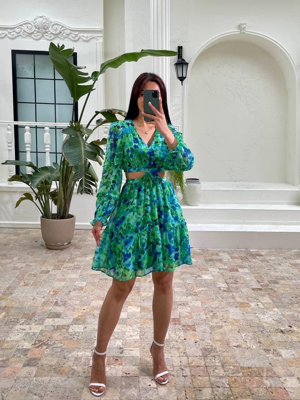 3256-YEŞİL ÇİÇEK DESEN YANLARI AÇIK ELBİSE