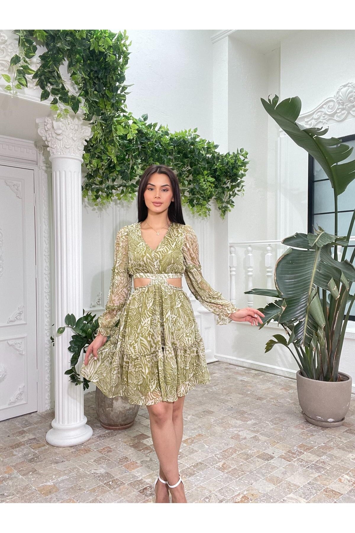 3256-OLİV ÇİÇEK DESEN YANLARI AÇIK ELBİSE