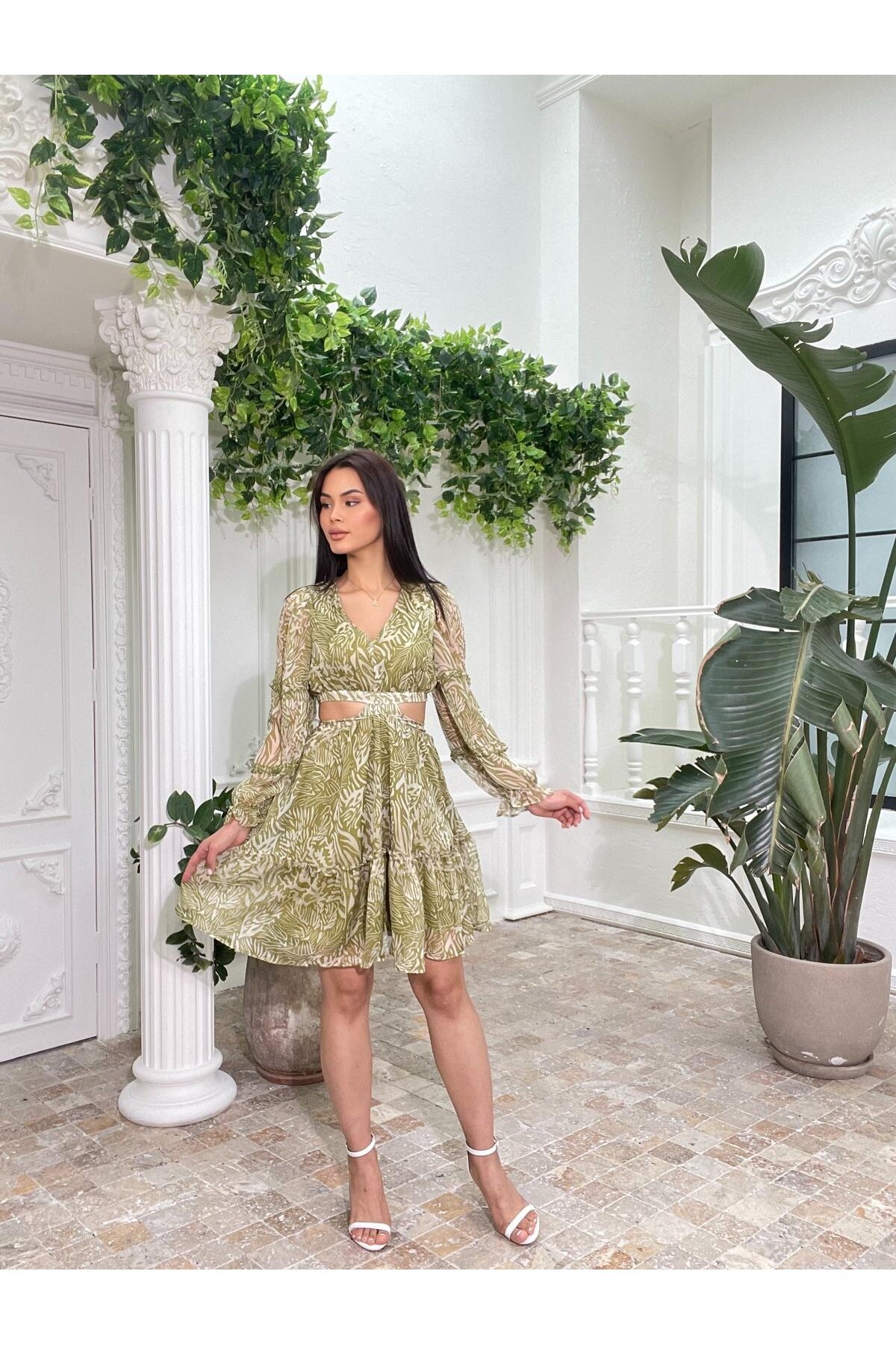 3256-OLİV ÇİÇEK DESEN YANLARI AÇIK ELBİSE
