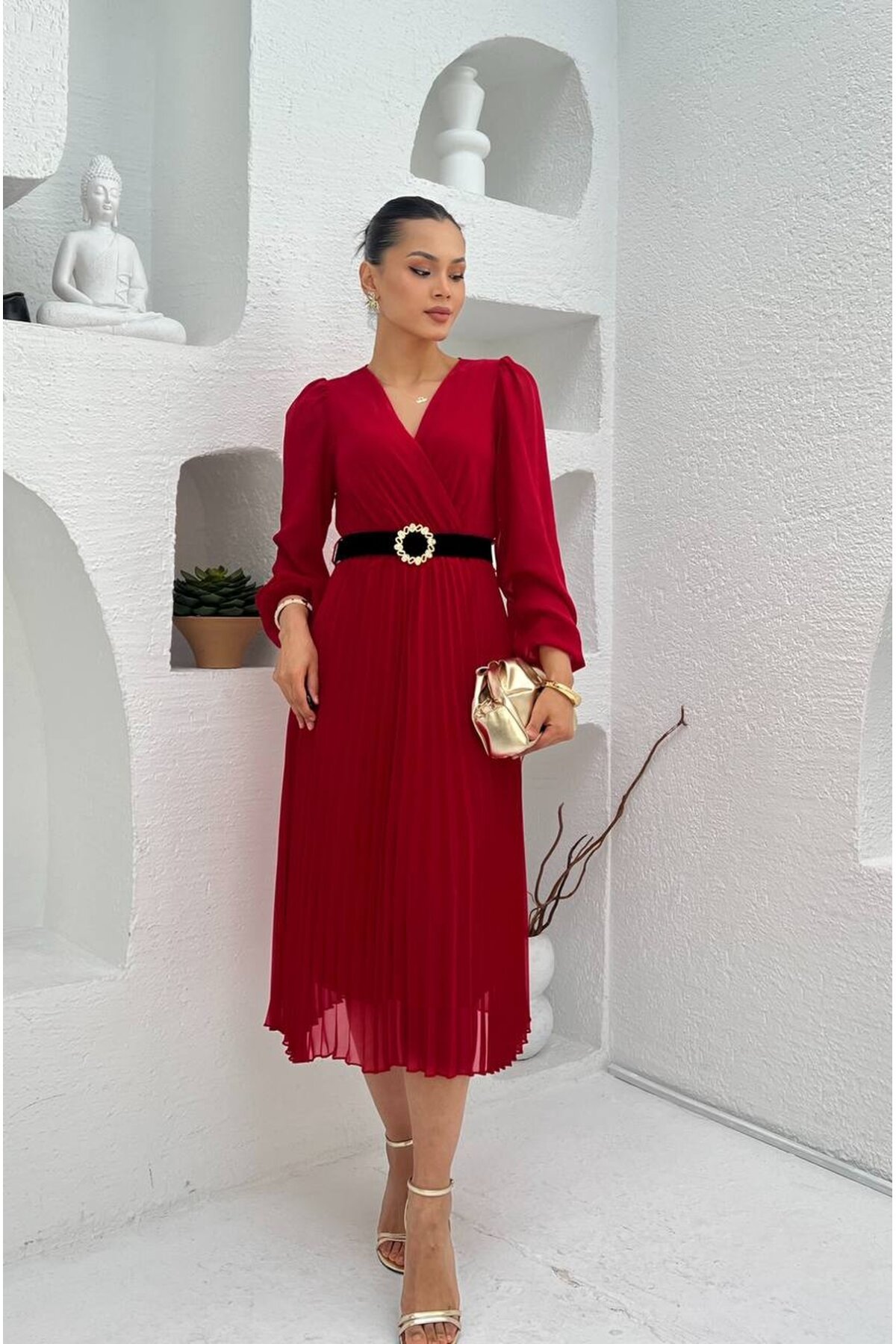 3314-KIRMIZI PLİSELİ ÇİÇEK DESEN KEMERLİ ELBİSE
