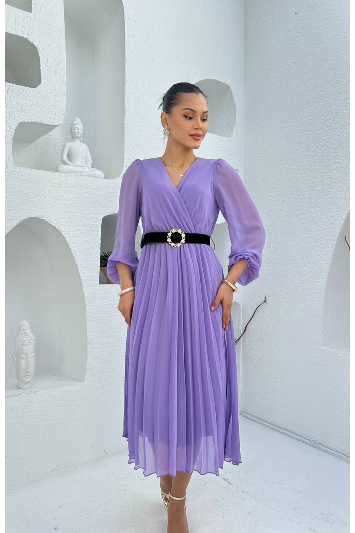 3314-LİLA PLİSELİ ÇİÇEK DESEN KEMERLİ ELBİSE