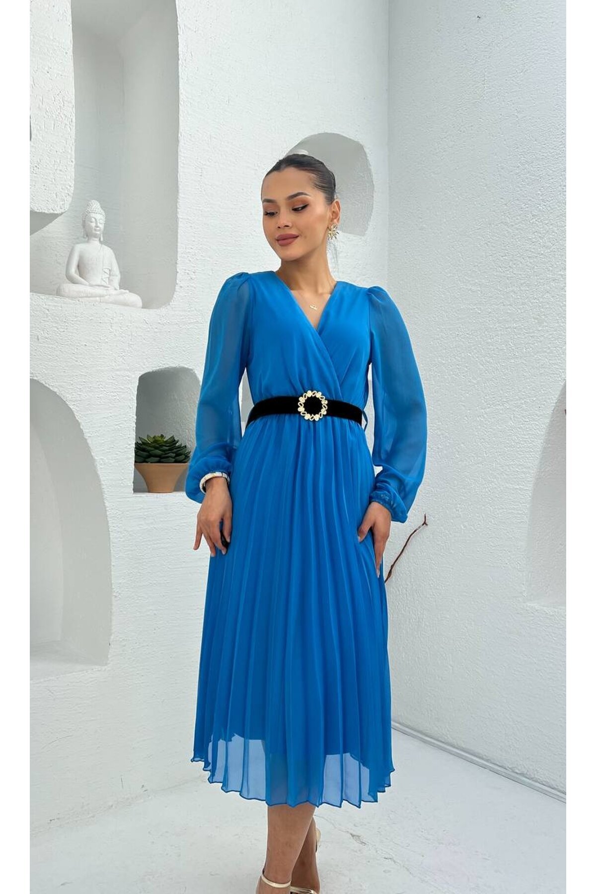 3314-SAKS PLİSELİ ÇİÇEK DESEN KEMERLİ ELBİSE