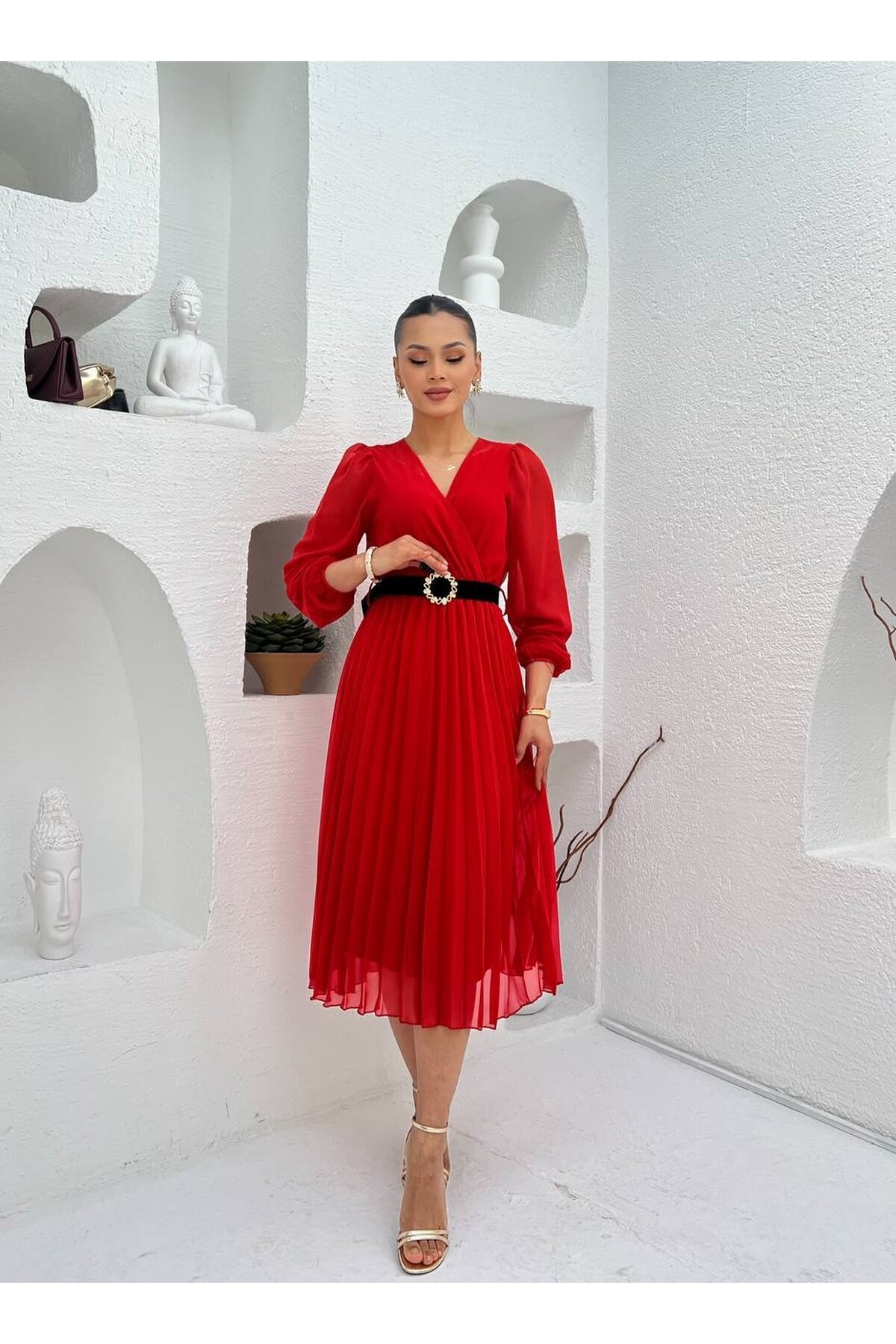 3314-TURUNCU PLİSELİ ÇİÇEK DESEN KEMERLİ ELBİSE