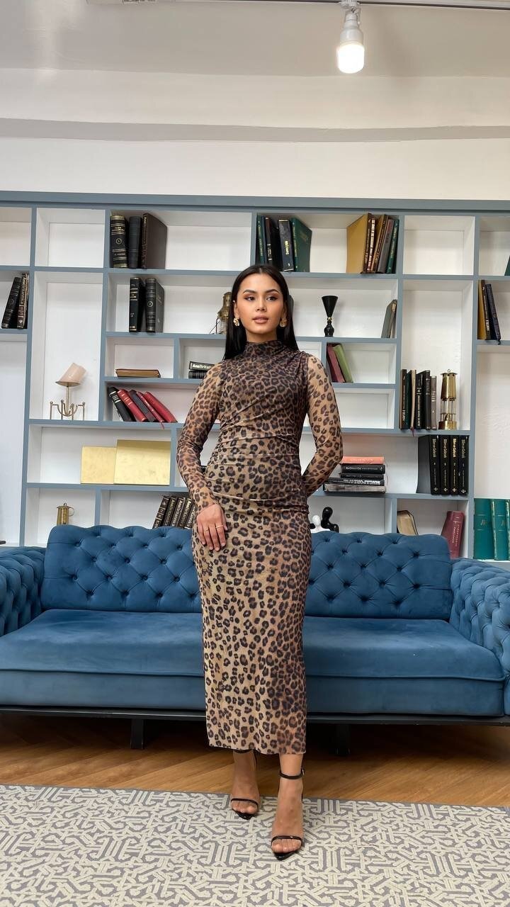 3328-LEOPAR DESEN TÜL ELBİSE