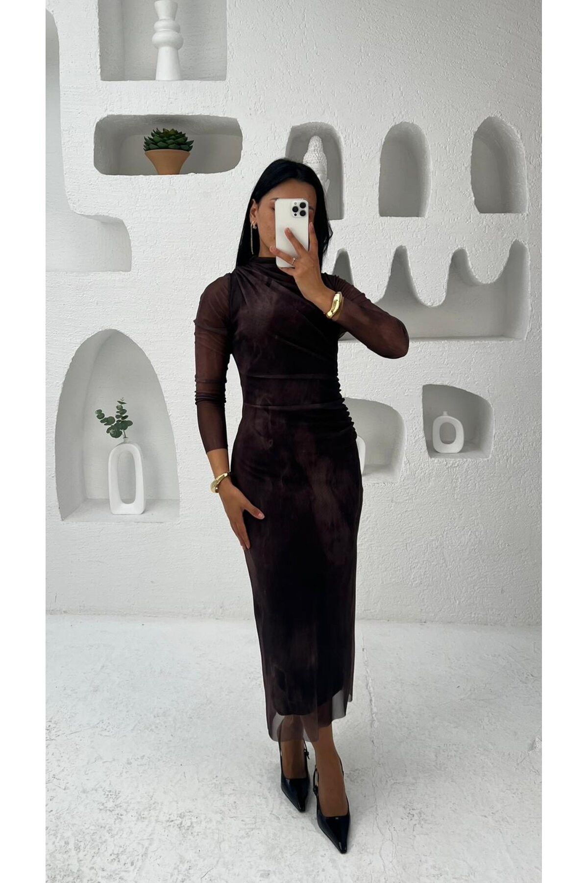 3328- KAHVE TÜL KUMAŞ ELBİSE