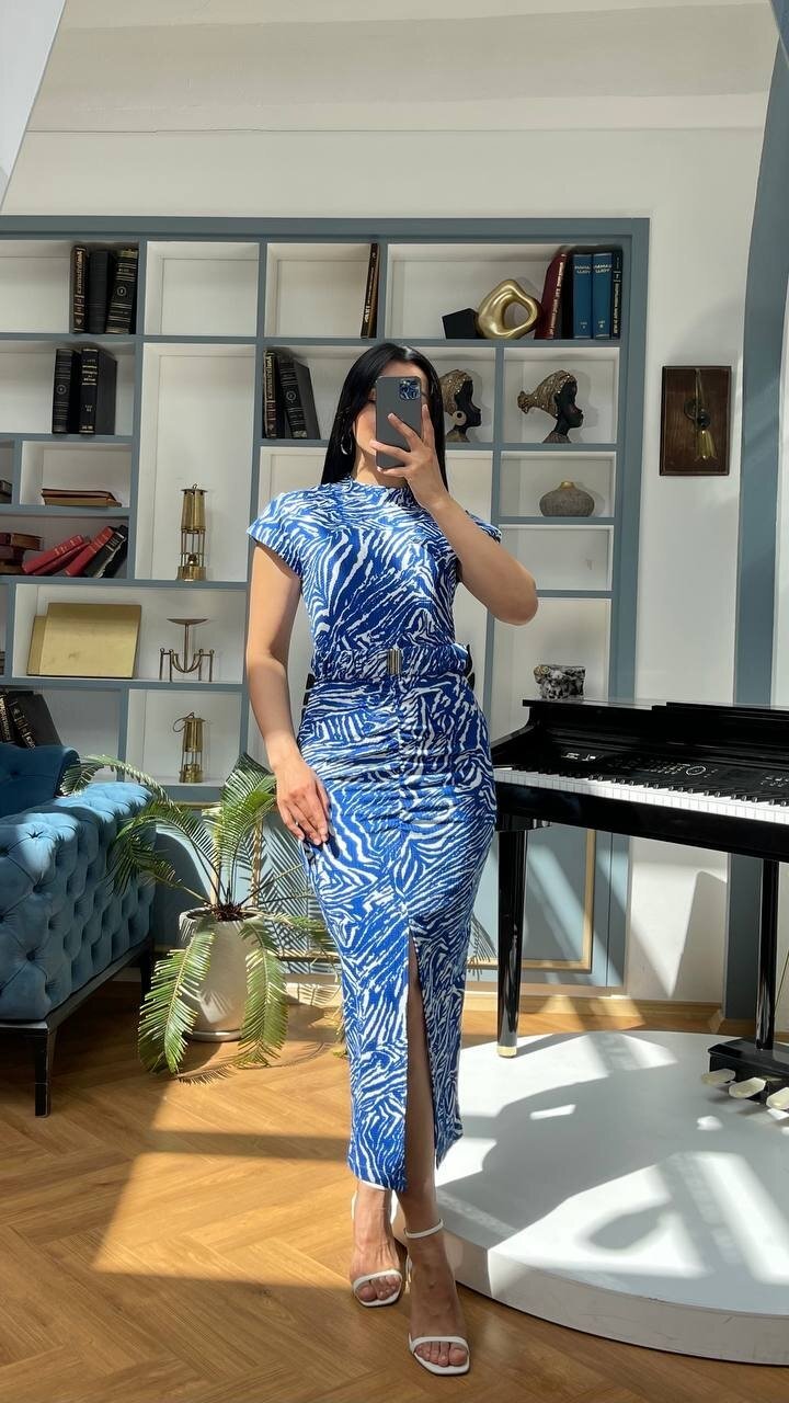 3372-MAVİ   KALEM ELBİSE