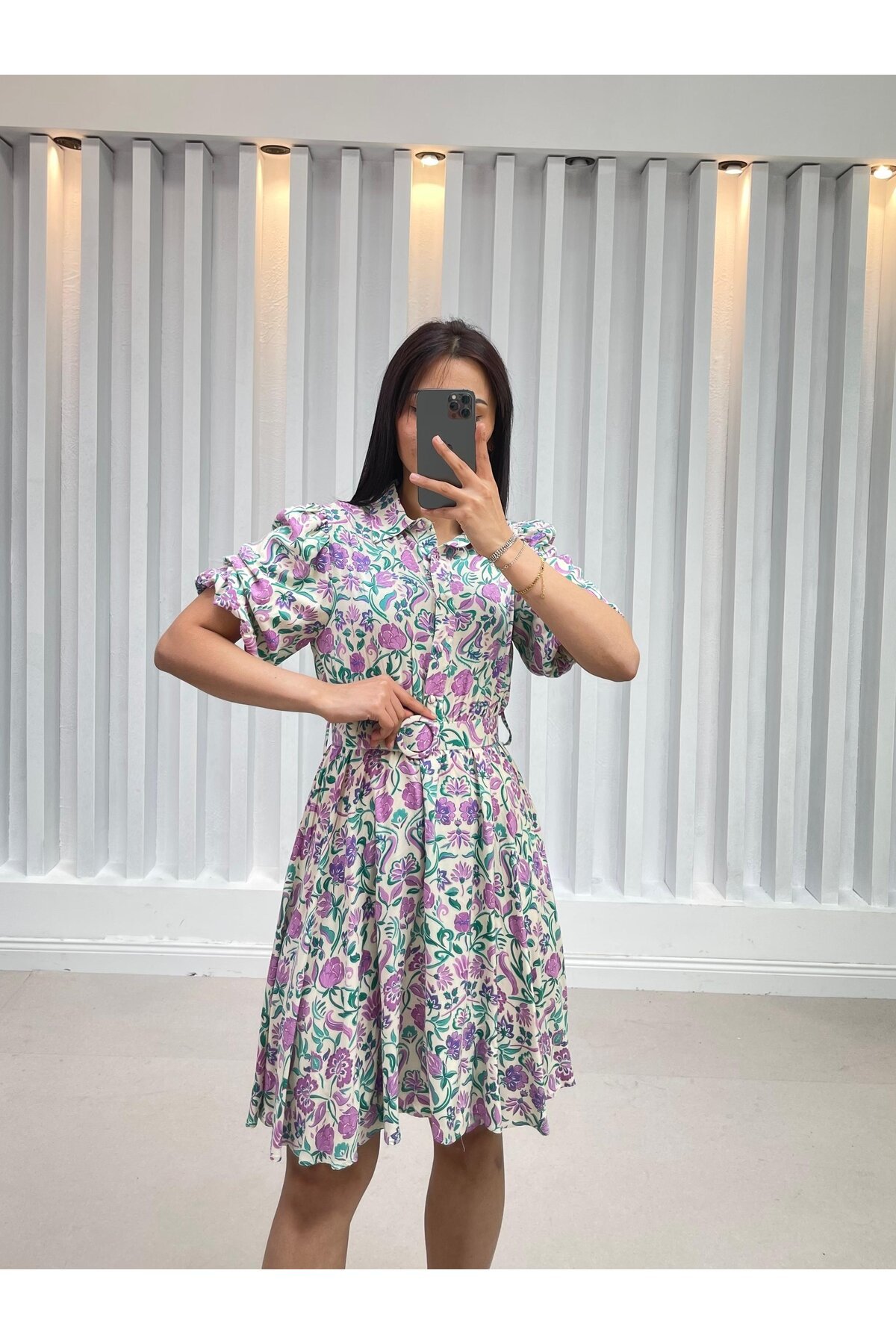 3392-EKRU ÇİÇEK DESEN KISA KOL GÖMLEK ELBİSE